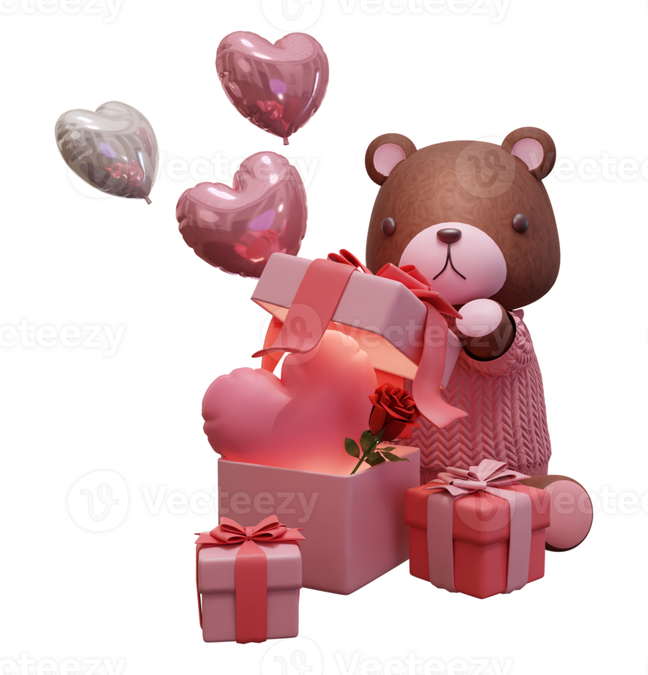 3D rendering illustration of little bear wearing pink clothes on transparent background, suitable for Valentine's Day, wedding, birthday etc. png