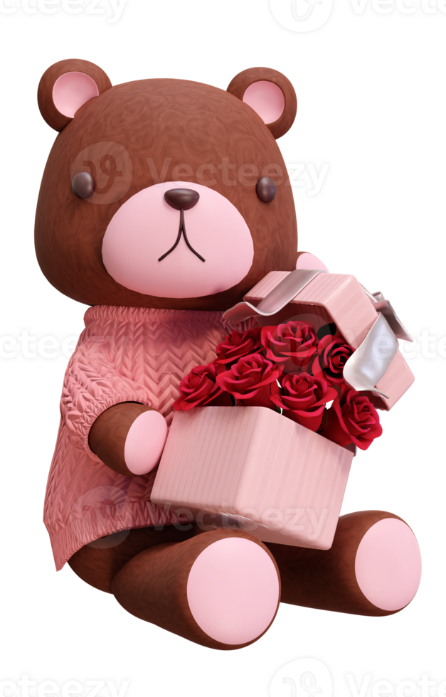 3D rendering illustration of little bear wearing pink clothes on transparent background, suitable for Valentine's Day, wedding, birthday etc. png