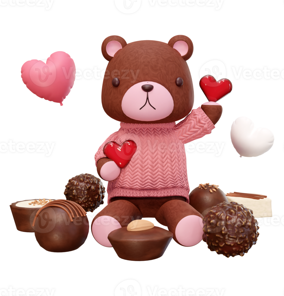 3D rendering illustration of little bear wearing pink clothes on transparent background, suitable for Valentine's Day, wedding, birthday etc. png