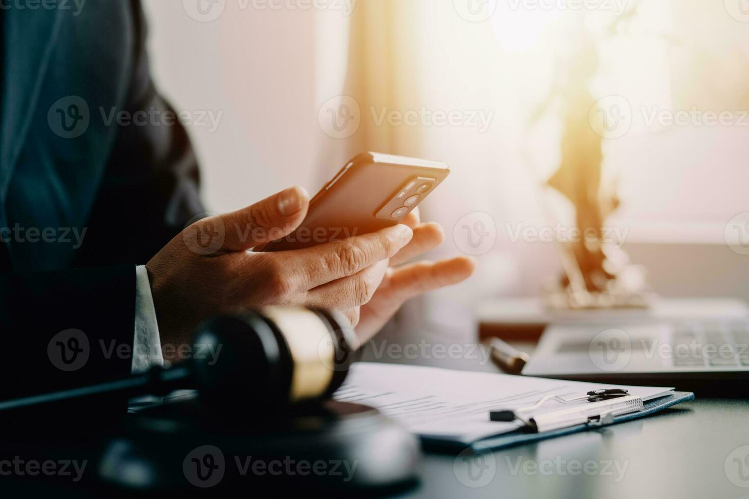 Business and lawyers discussing contract papers with brass scale on desk in office. Law, legal services, advice, justice and law concept picture with film grain effect photo