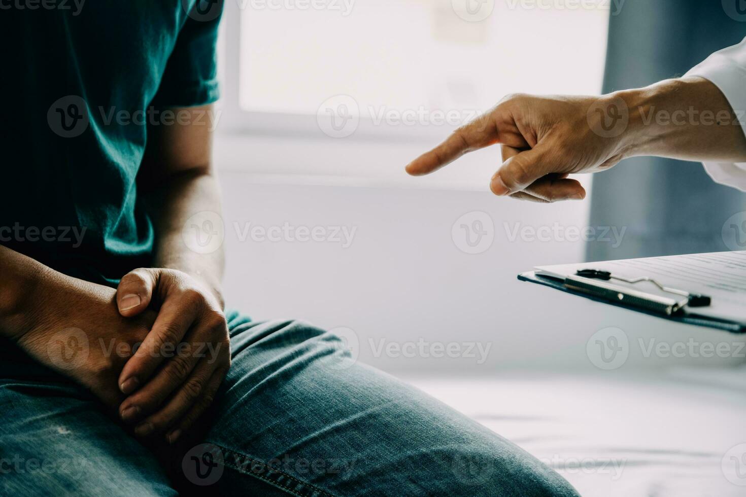 Doctor telling to patient woman the results of her medical tests. Doctor showing medical records to cancer patient in hospital ward. Senior doctor explaint the side effects of the intervention. photo