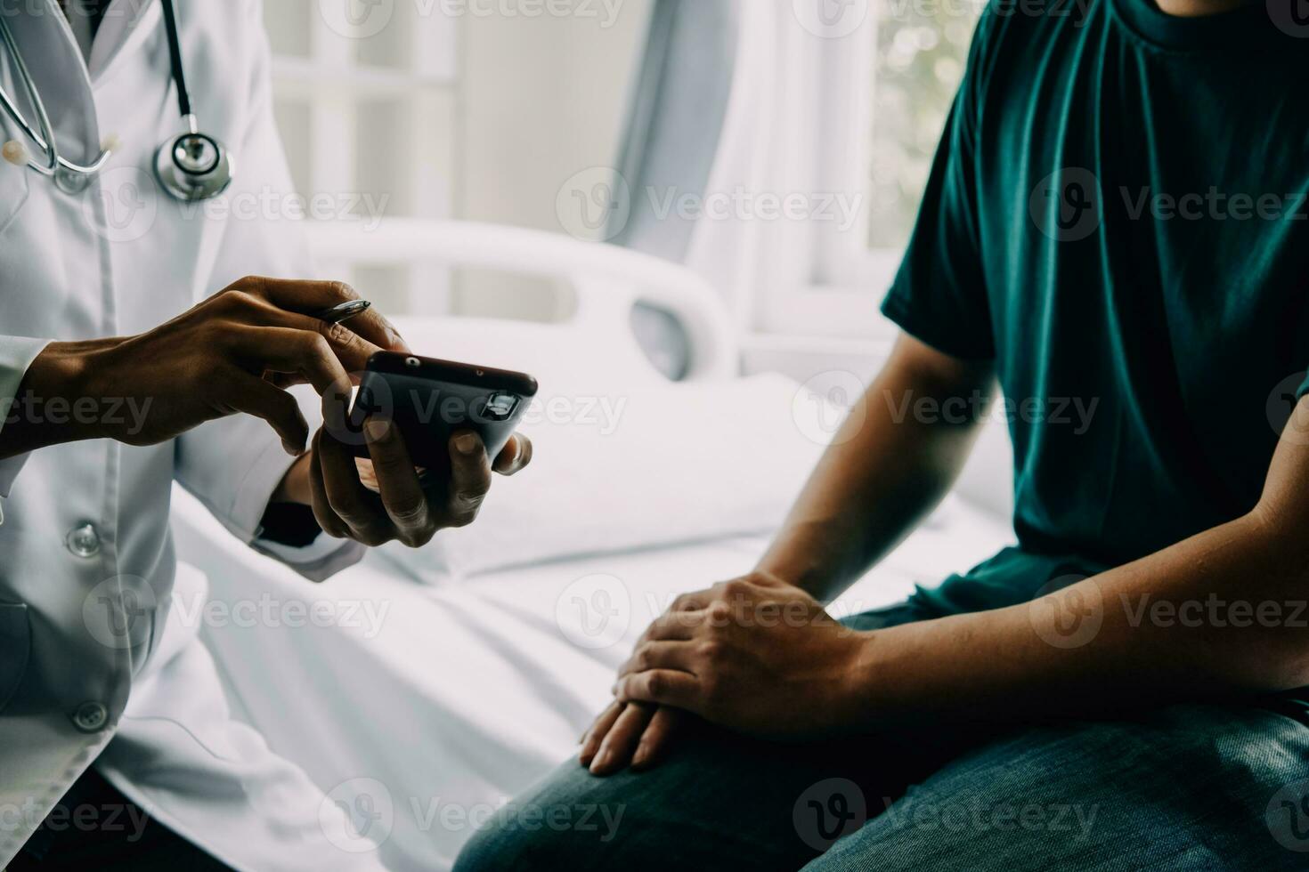 Doctor telling to patient woman the results of her medical tests. Doctor showing medical records to cancer patient in hospital ward. Senior doctor explaint the side effects of the intervention. photo