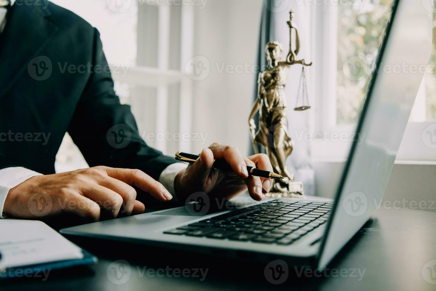 Business and lawyers discussing contract papers with brass scale on desk in office. Law, legal services, advice, justice and law concept picture with film grain effect photo