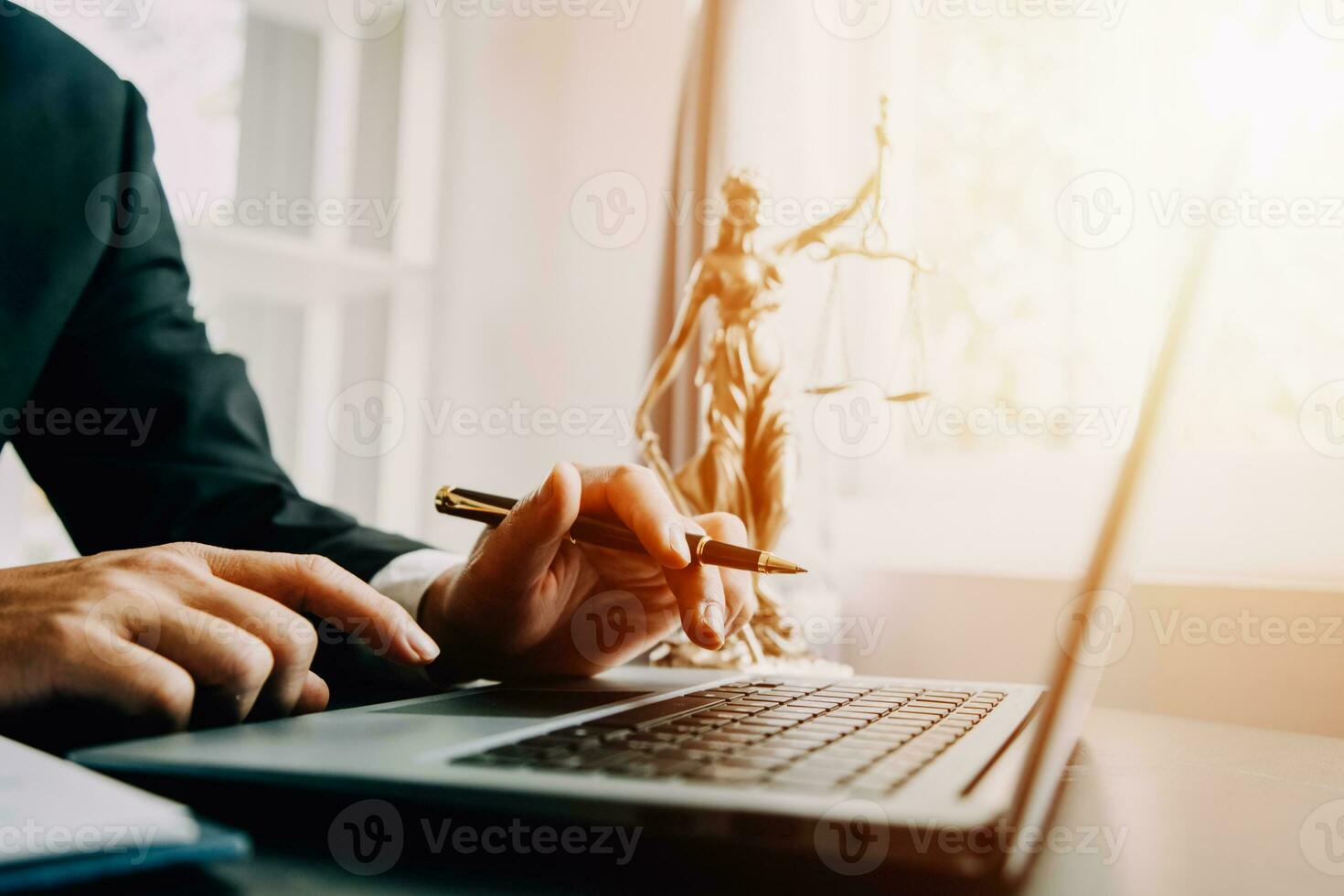 Business and lawyers discussing contract papers with brass scale on desk in office. Law, legal services, advice, justice and law concept picture with film grain effect photo