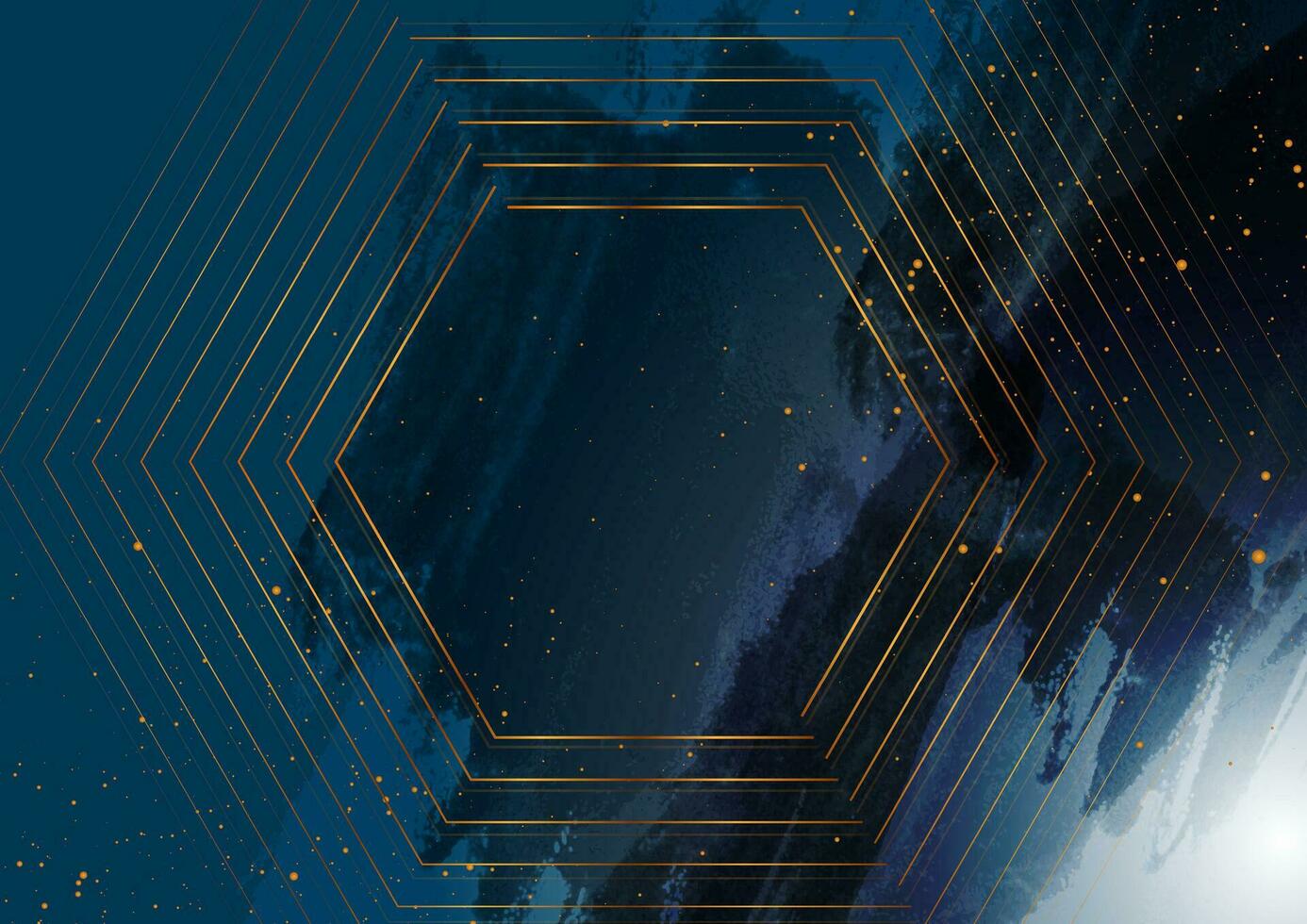 Golden hexagons and dots on dark blue grunge background vector