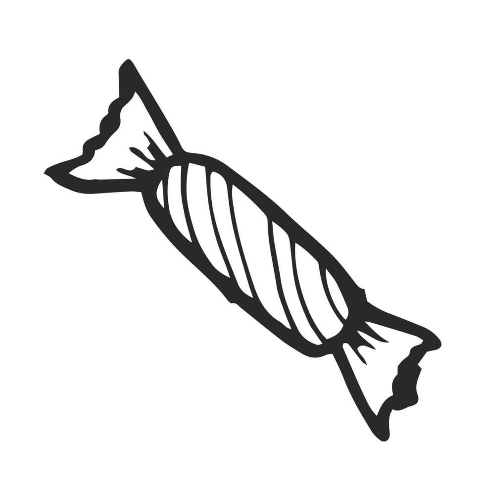 Sweet in striped candy wrappers in the style of doodle. Hand drawing line vector illustration. Small dessert.