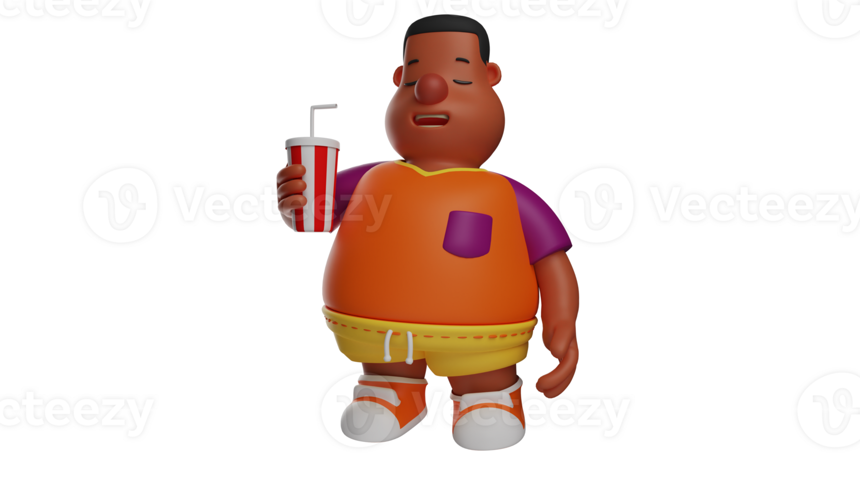 3D illustration. Fat Boy 3D Cartoon Character. Fat boy feels exhausted. Thirsty fat boy is holding a cold drink. Chubby student showing the expression of enjoying his drink. 3D cartoon character png