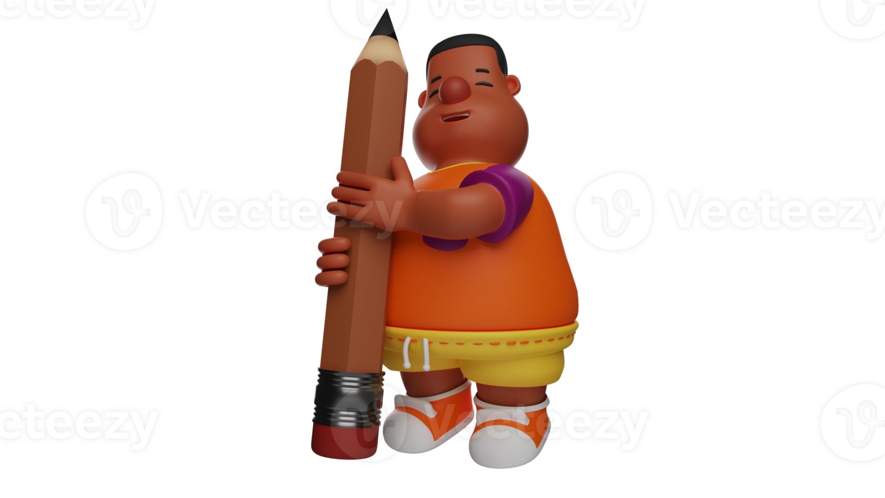 3D illustration. Unique Fat Boy 3D Cartoon Character. Fat boy holding a giant pencil. Student is enthusiastic about learning and bring his favorite brown pencil. 3D cartoon character png