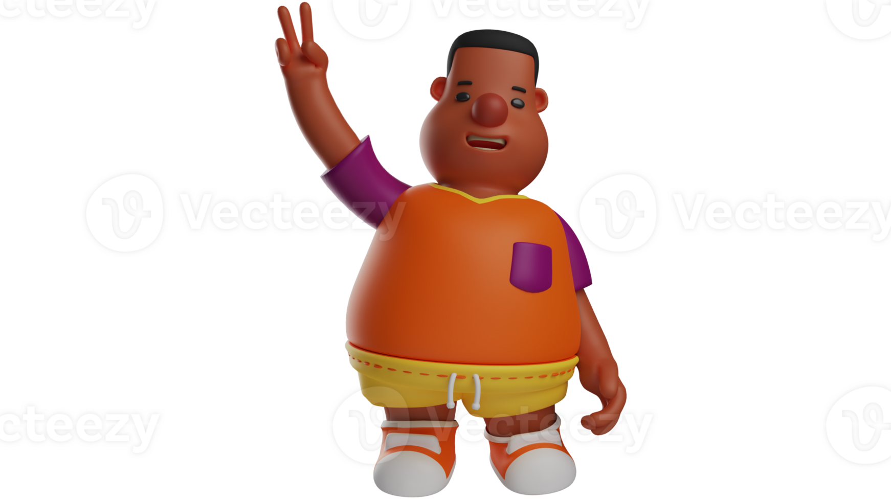 3D illustration. Adorable Fat Boy 3D Cartoon Character. Fat boy standing and showing peace pose using his fingers. Cute fat student smiling sweetly facing forward. 3D cartoon character png