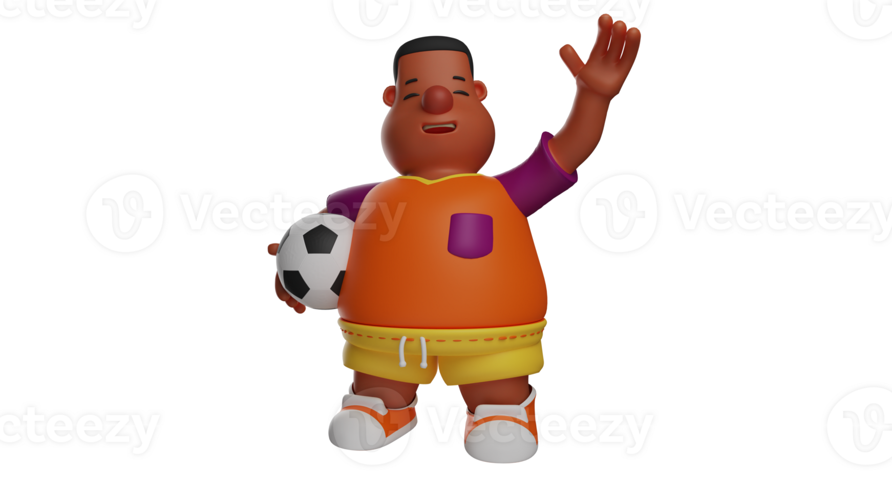 3D Illustration. Kind -hearted Boy 3D cartoon character. Fat boy holds the ball and waving his hand at the friend. Friendly boy smiled and invited his friend to play football. 3D cartoon character png