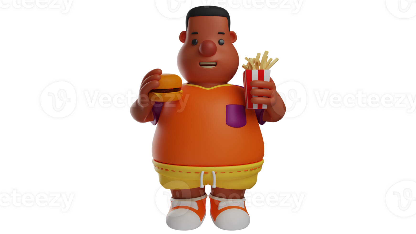3D illustration. Fat Little Boy 3D Cartoon Character. Guy standing holding burger and fries. The fat guy felt hungry and ended up buying a lot of food. 3D cartoon character png