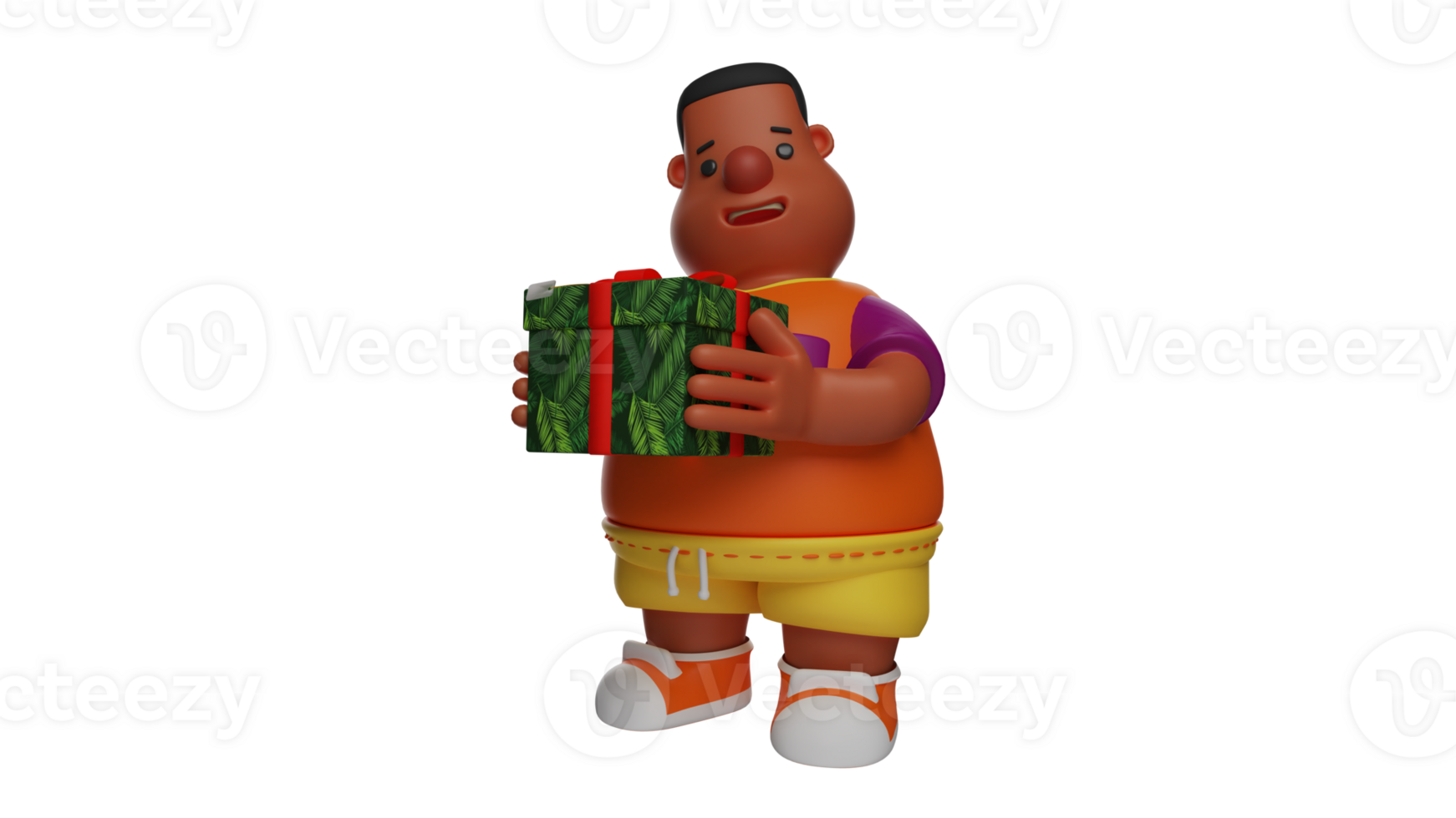 3D Illustration. Romantic Fat Kid 3D cartoon character. Fat boy carrying a green gift box. The adorable fat boy got a prize on his birthday. 3D cartoon character png