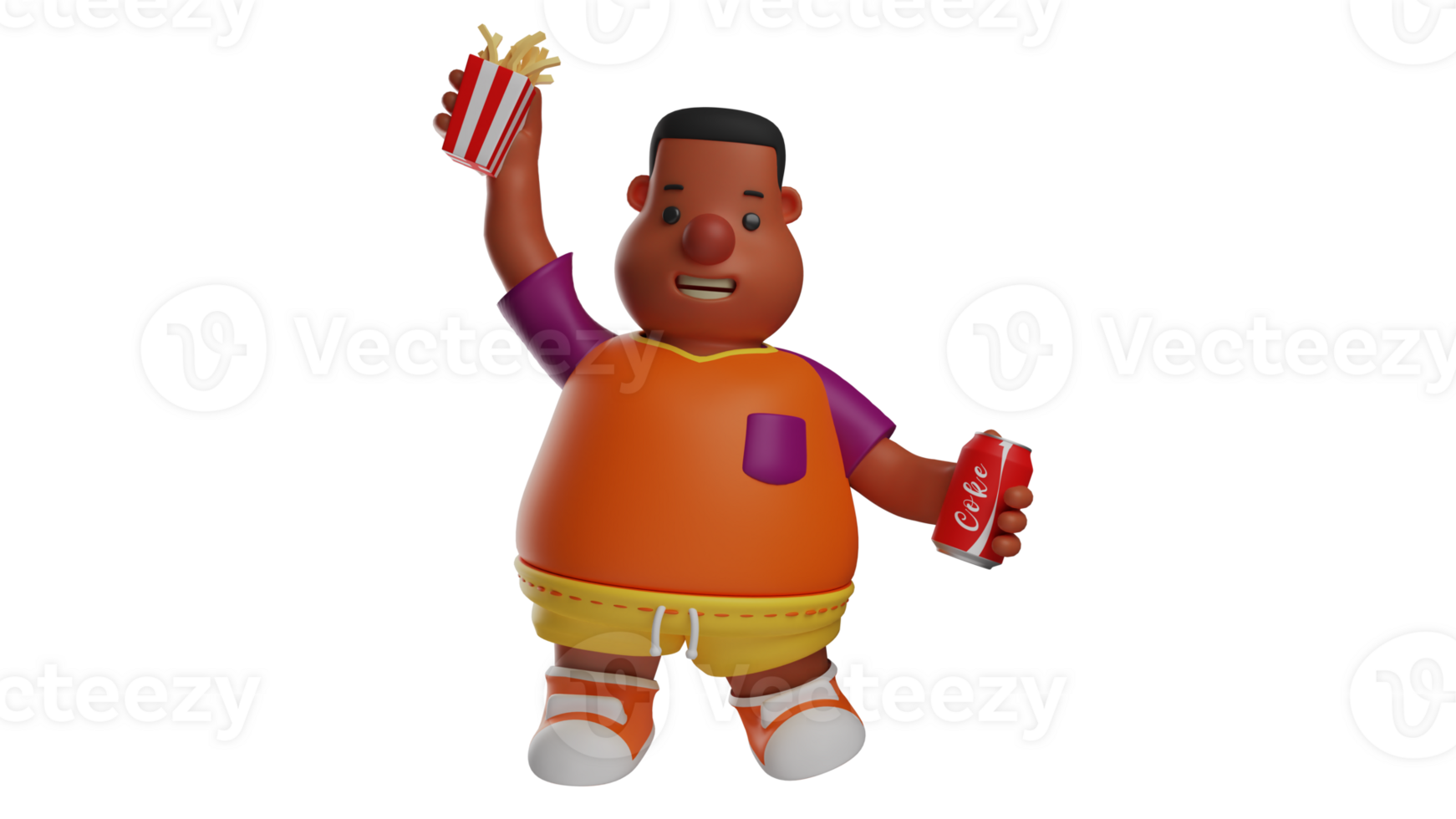 3D illustration. Happy Fat Guy 3D Cartoon Character. Chubby Kids holding up French fries and holding a can of soda. The fat boy laughed happily. 3D cartoon character png