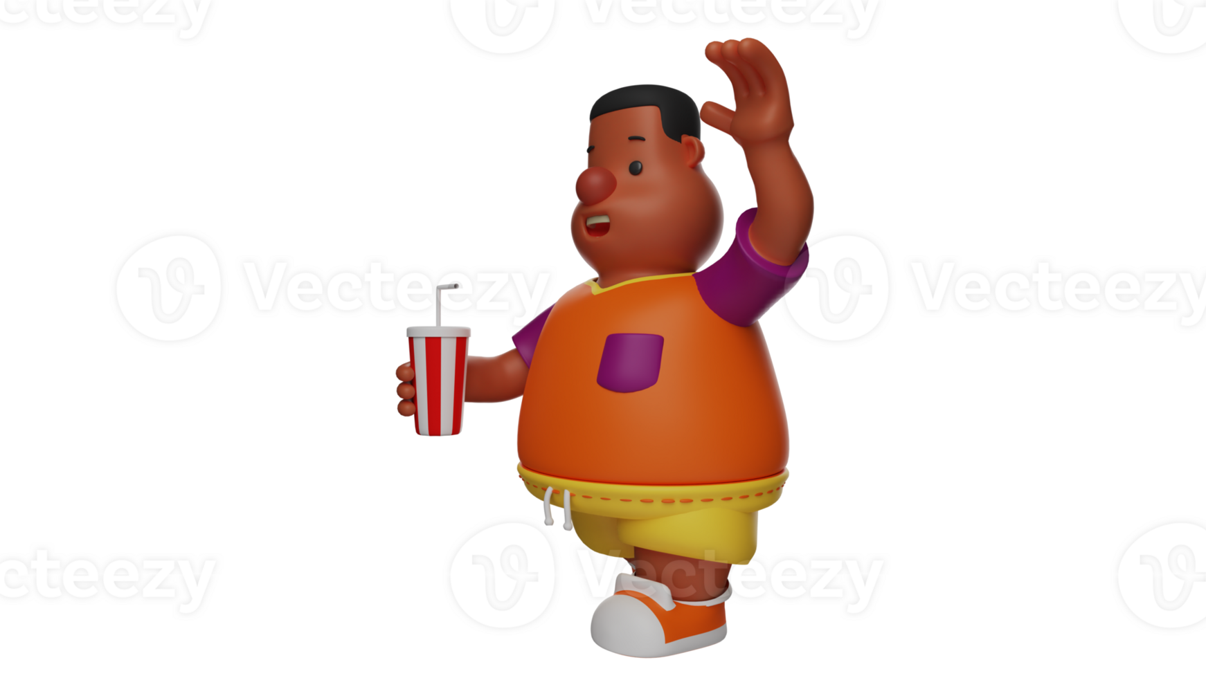 3D illustration. Friendly Fat Boy 3D Cartoon Character. Fat Boy waved his hand at a friend he met on the street. Fat boy holding a cold drink. Adorable boy smiling cheerfully. 3D cartoon character png
