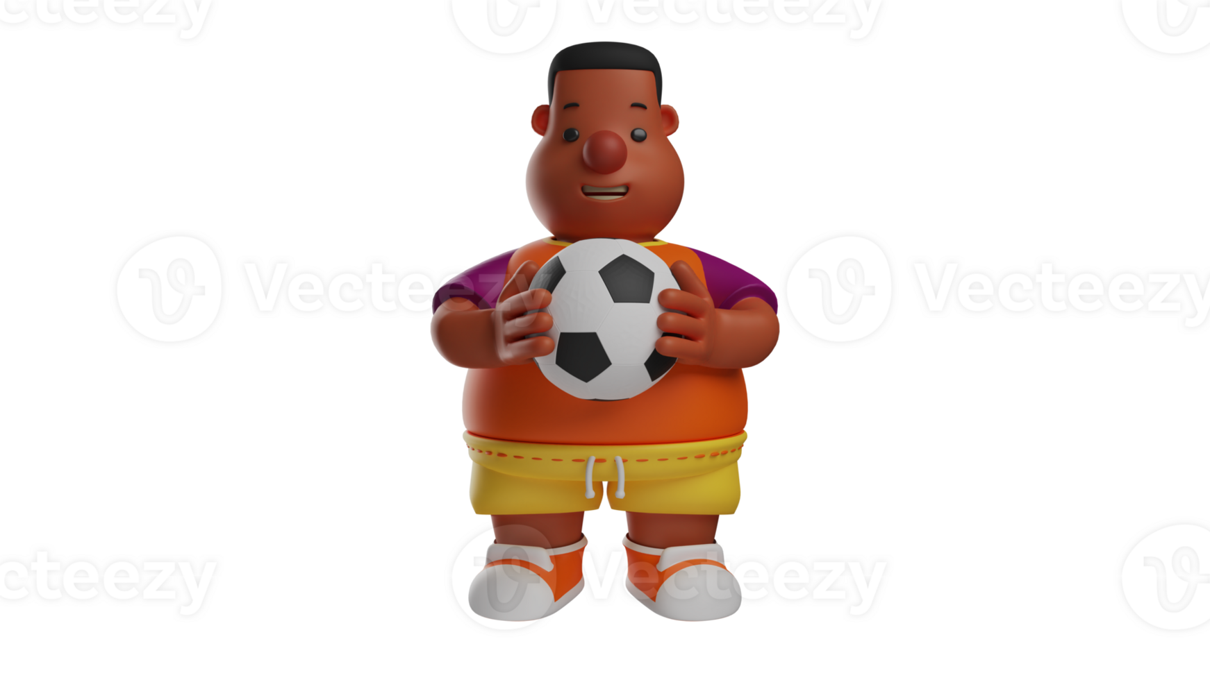 3D Illustration. Sweet fat kid 3D cartoon character. The fat boy holds the ball with both hands. Brown-skinned fat boy staring at the ball with a serious expression. 3D cartoon character png