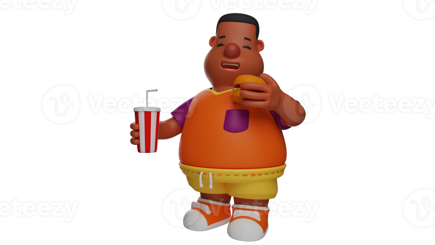 3D illustration. Cute Boy 3D Cartoon Character. Fat Boy with brown skin. Hungry fat boy holding cold drink and burger. Boy can't wait to eat burger. 3D cartoon character png