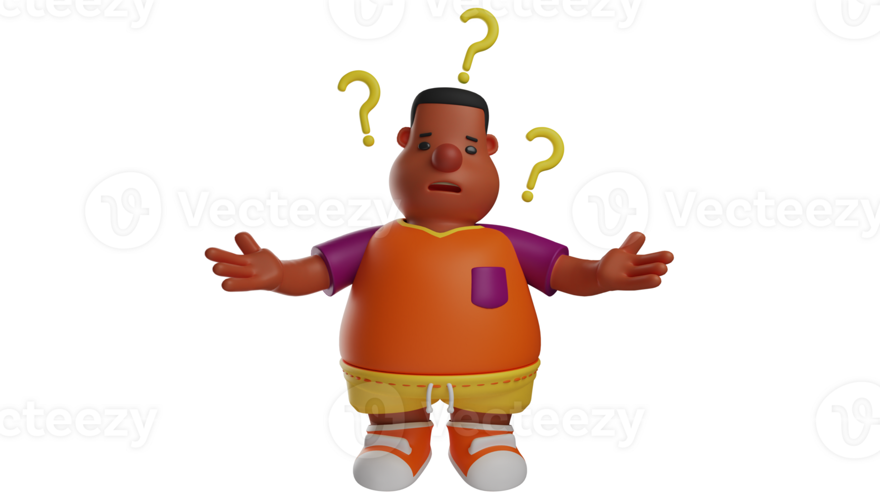 3D illustration. Confused Boy 3D Cartoon Character. Fat Boy stretched both his arms forward. The fat boy showed a confused expression. The boy surrounded by question marks. 3D cartoon character png