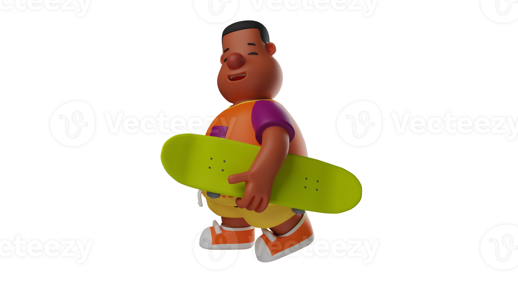 3D illustration. Excited Child 3D Cartoon Character. A fat boy who walks towards the field where he plays and sports. Fat boy walking while carrying a green skateboard. 3D cartoon character png