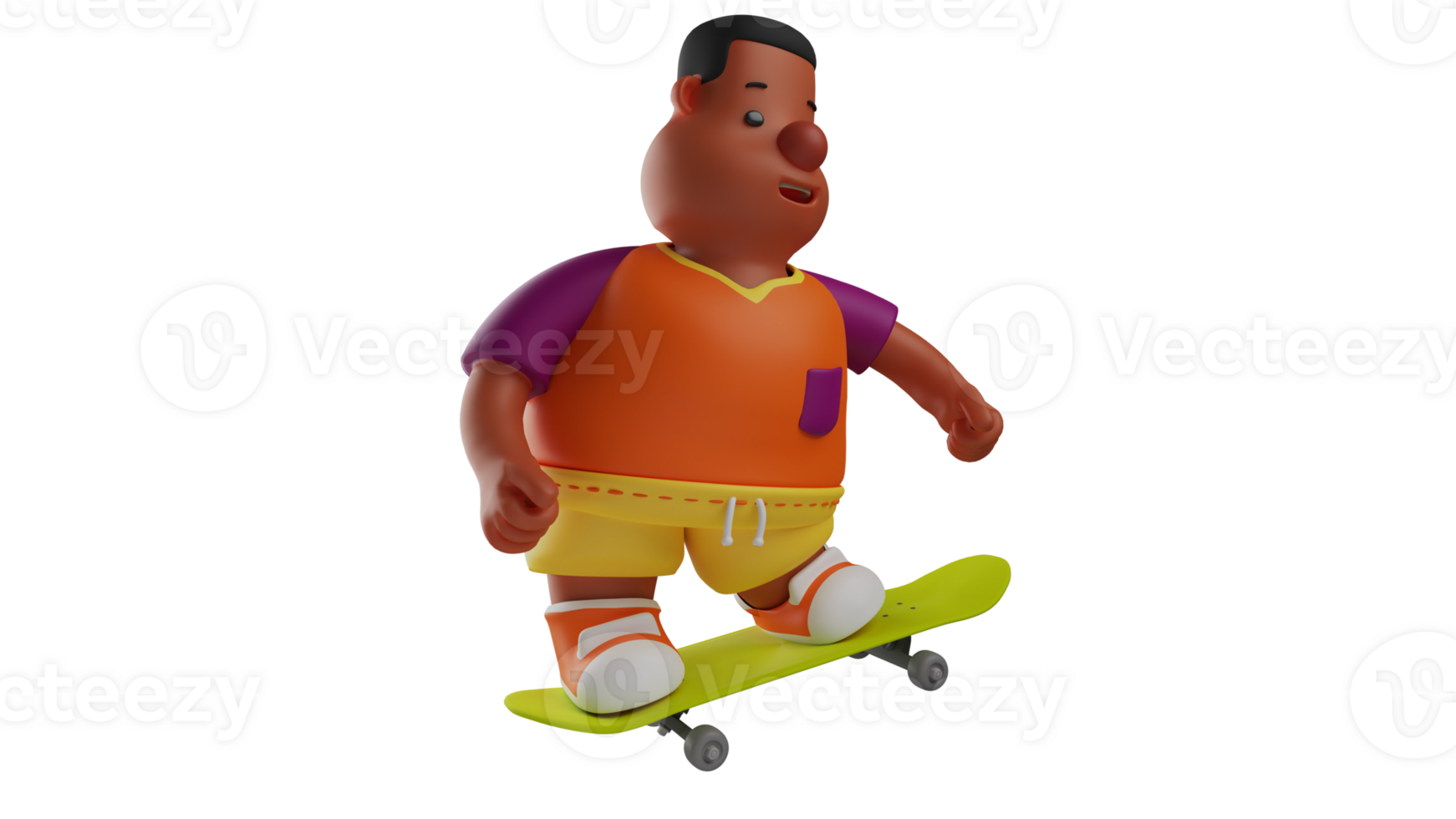 3D illustration. Happy Child 3D Cartoon Character. Fat boy who likes skateboarding. The boy is doing his hobby of skateboarding. Chubby boy looks good at skateboarding. 3D cartoon character png