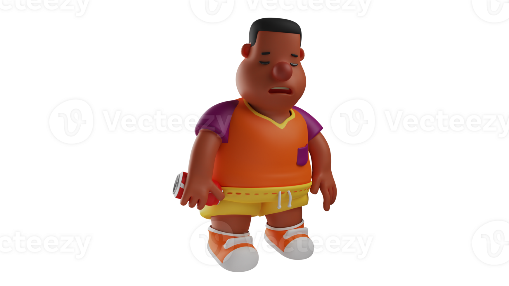 3D illustration. Sleepy Fat Boy 3D Cartoon Character. Fat guy holding a can of soda while closing his eyes. A fat boy who is sleepy and sleeps standing up. 3D cartoon character png