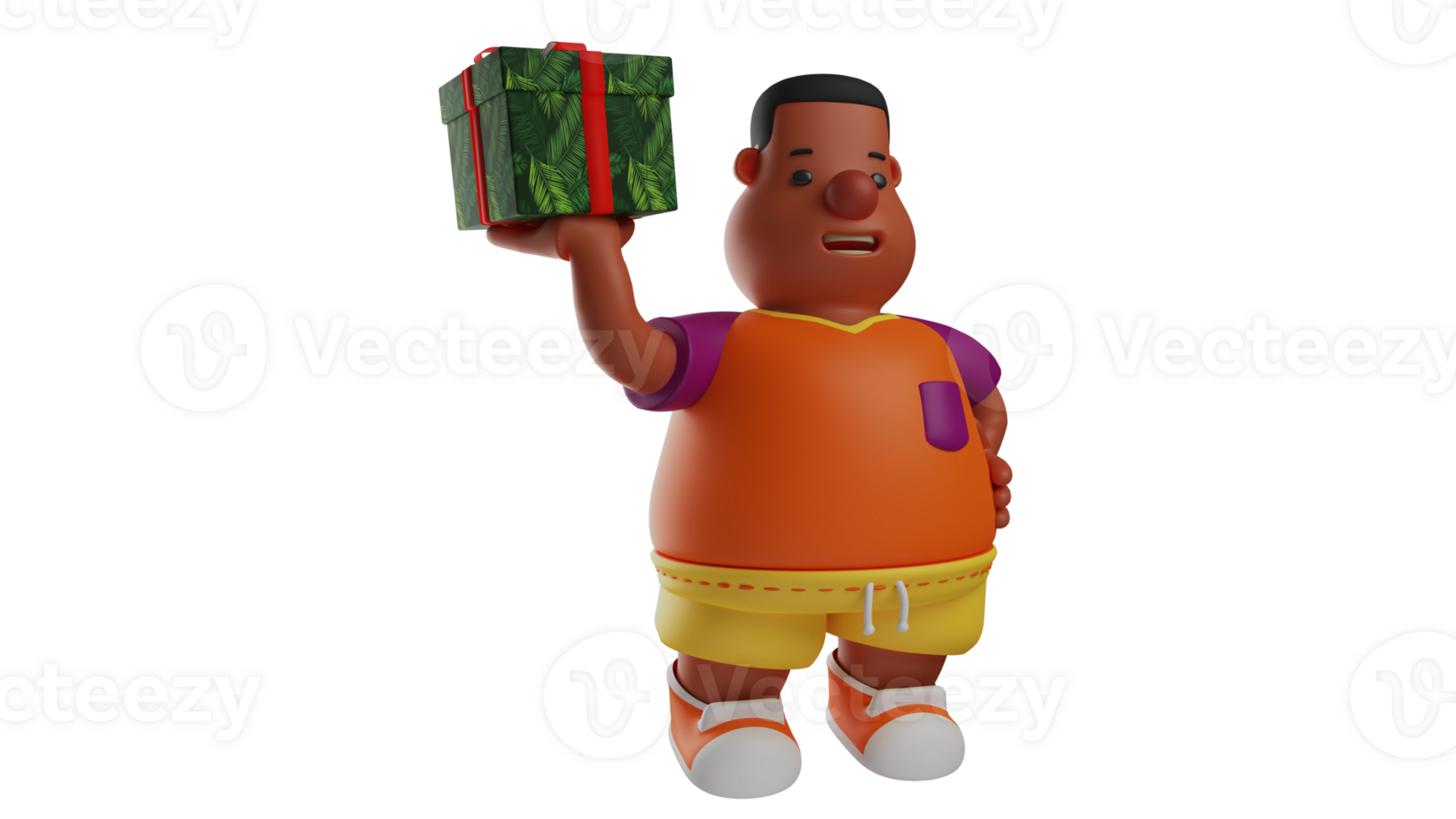 3D Illustration. Happy fat kids 3D cartoon character. The fat boy lifted the green gift box using one hand. A fat boy stood up and showed a funny expression. 3D cartoon character png