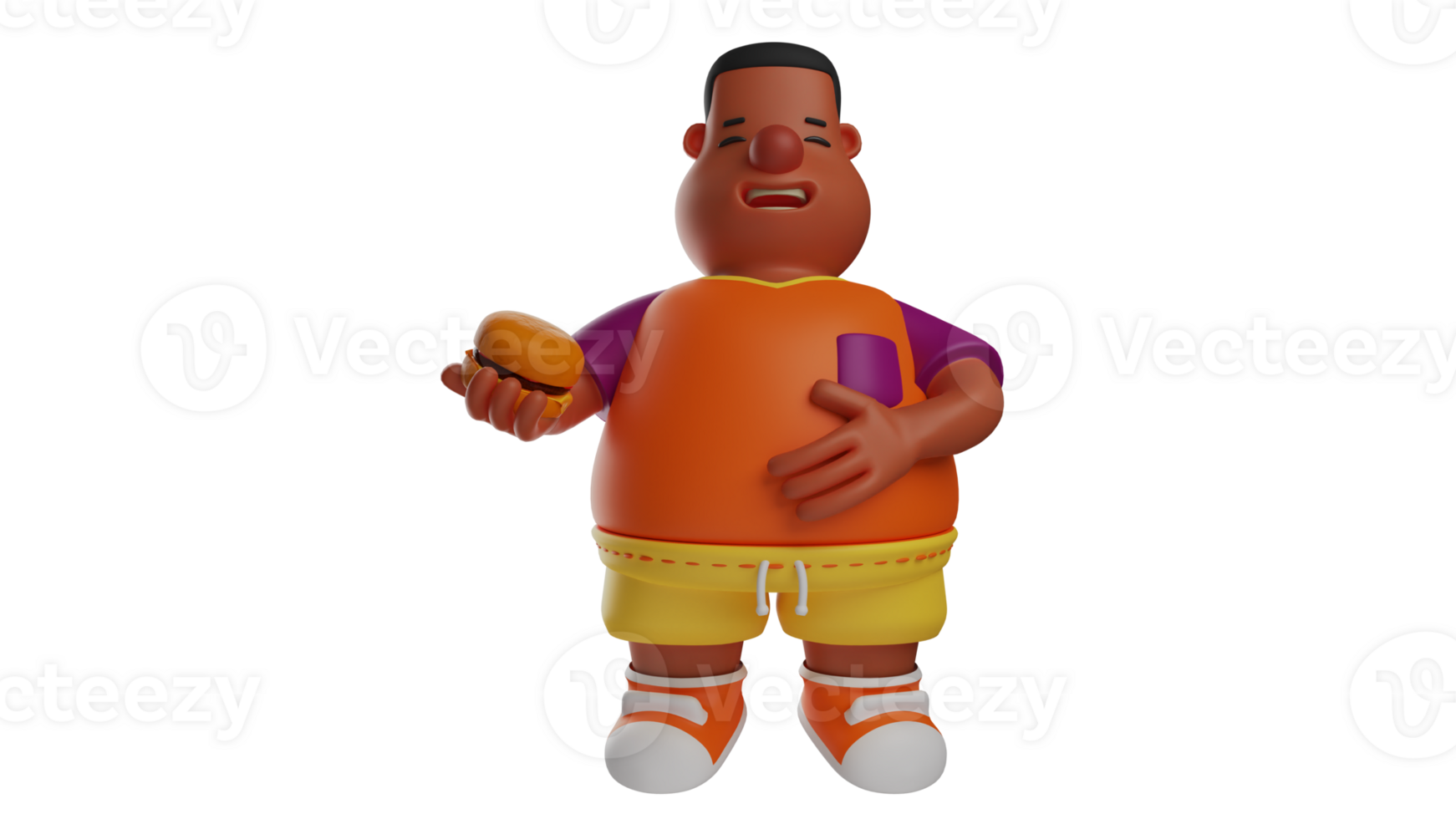 3D illustration. Fat Guy 3D Cartoon Character. The fat guy stood up while stroking his full stomach. The student who has brown skin is holding a big burger. 3D cartoon character png