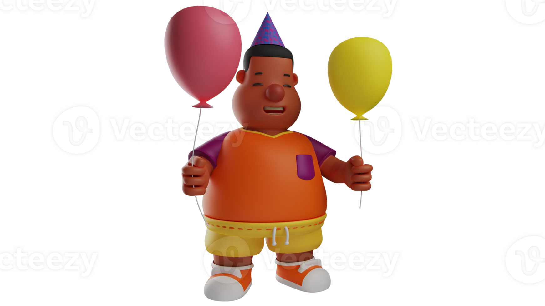 3D Illustration. Fat Children 3D Cartoon Character. Boy stood up and carried balloons in his hand. Boy is happy because he celebrates his birthday. Fat boy uses a birthday hat. 3D cartoon character png