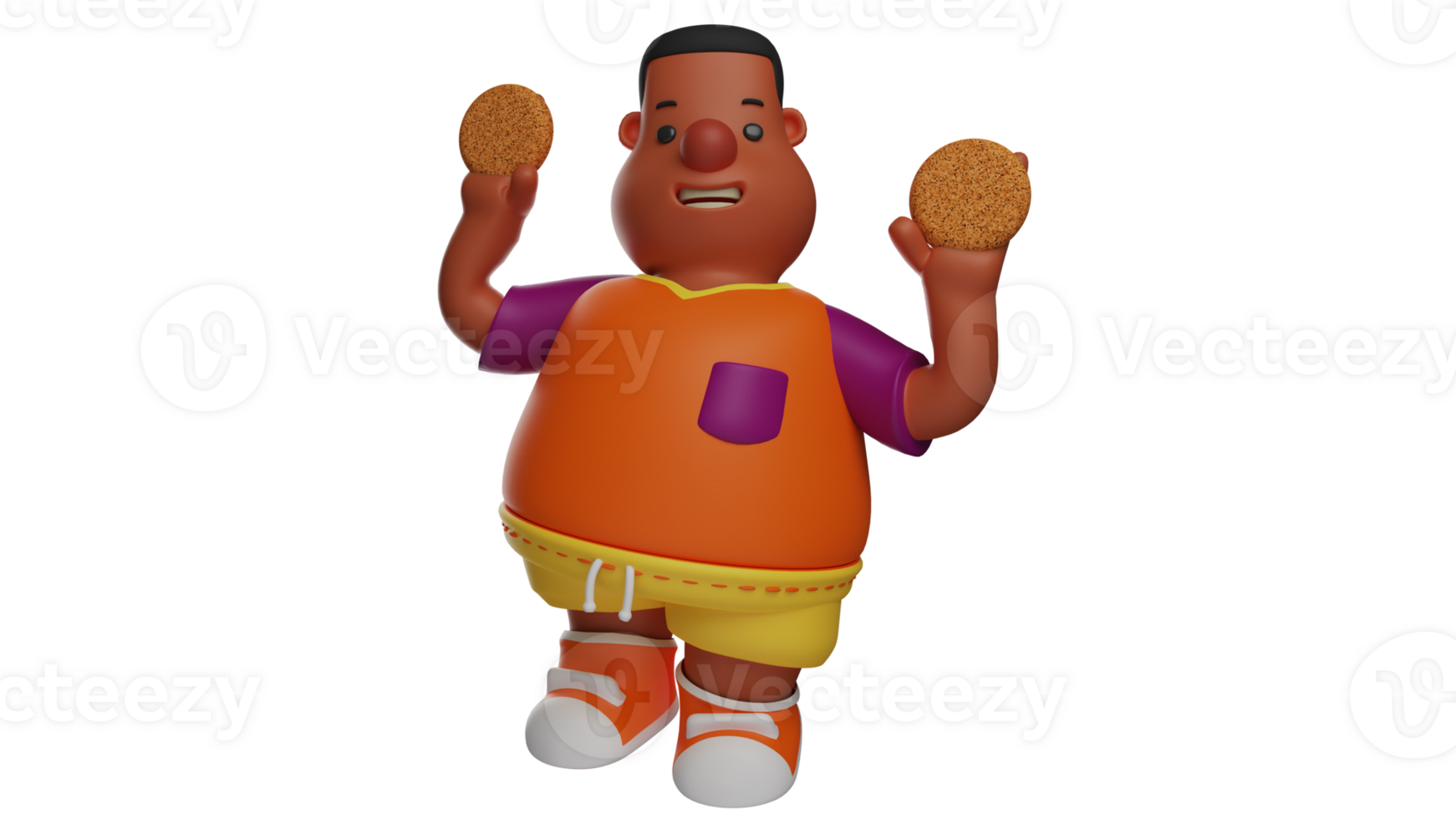 3D illustration. Sweet Little Boy 3D Cartoon Character. The fat child who stood up and raised his hands which were holding two biscuits. Fat guy smiling happily. 3D cartoon character png