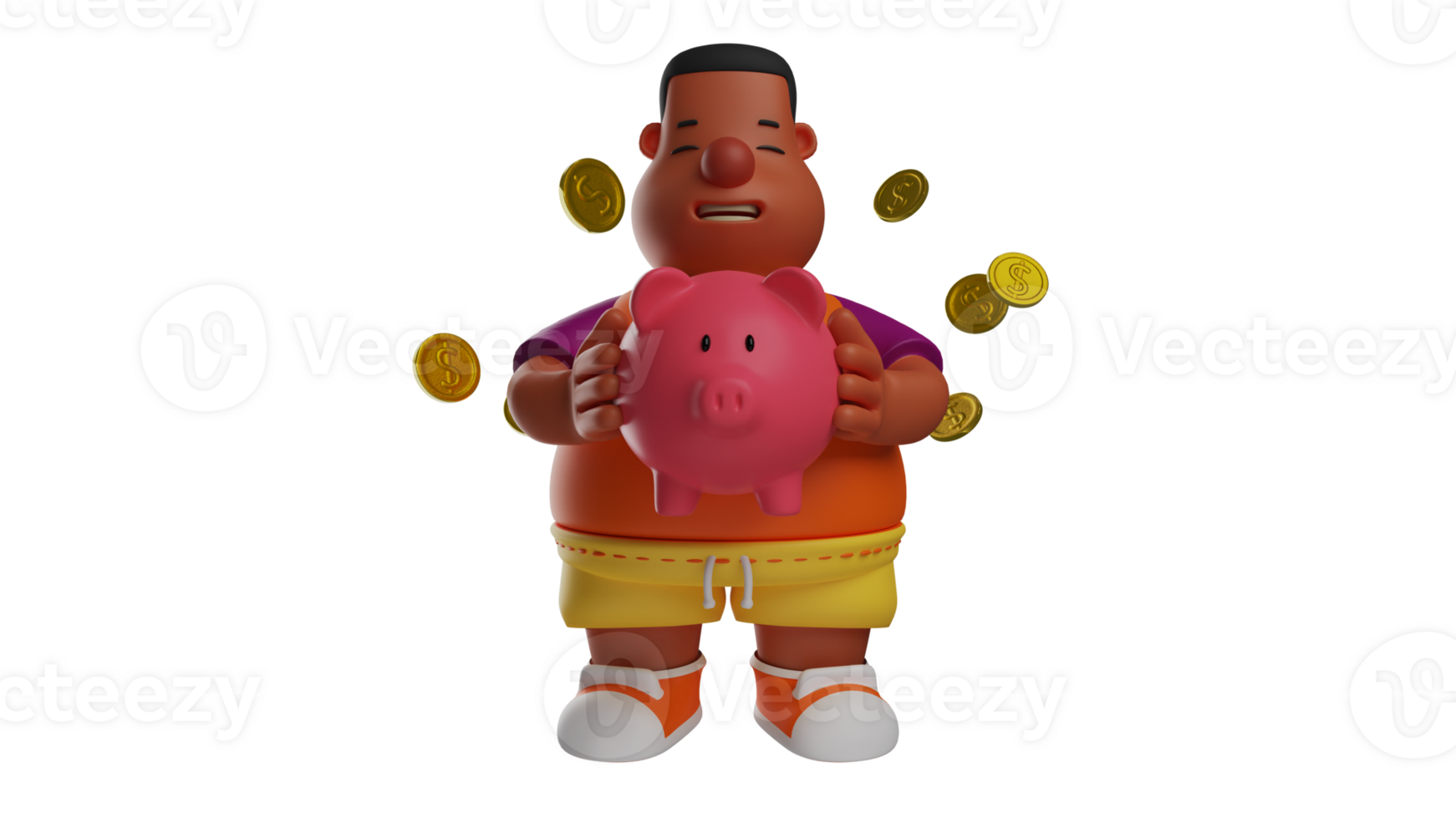 3D Illustration. Diligent Fat Kids 3D cartoon character. Fat kid diligently saved every day. The fat boy holds a piggy bank and is surrounded by gold coins. 3D cartoon character png