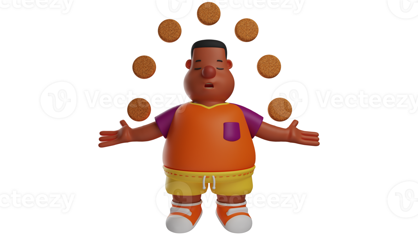 3D illustration. Calm Fat Boy 3D Cartoon Character. Boy doing meditation. Boy who closed his eyes and stretched out his arms. Fat guy mediating and surrounded by lots of biscuits. 3D cartoon character png