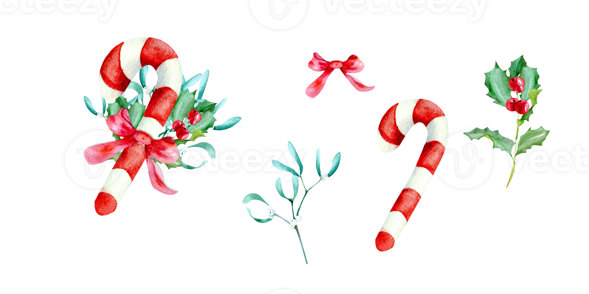 Christmas composition with elements. Candy cane compooosition with red ribbon, mistletoe brench and holly. png