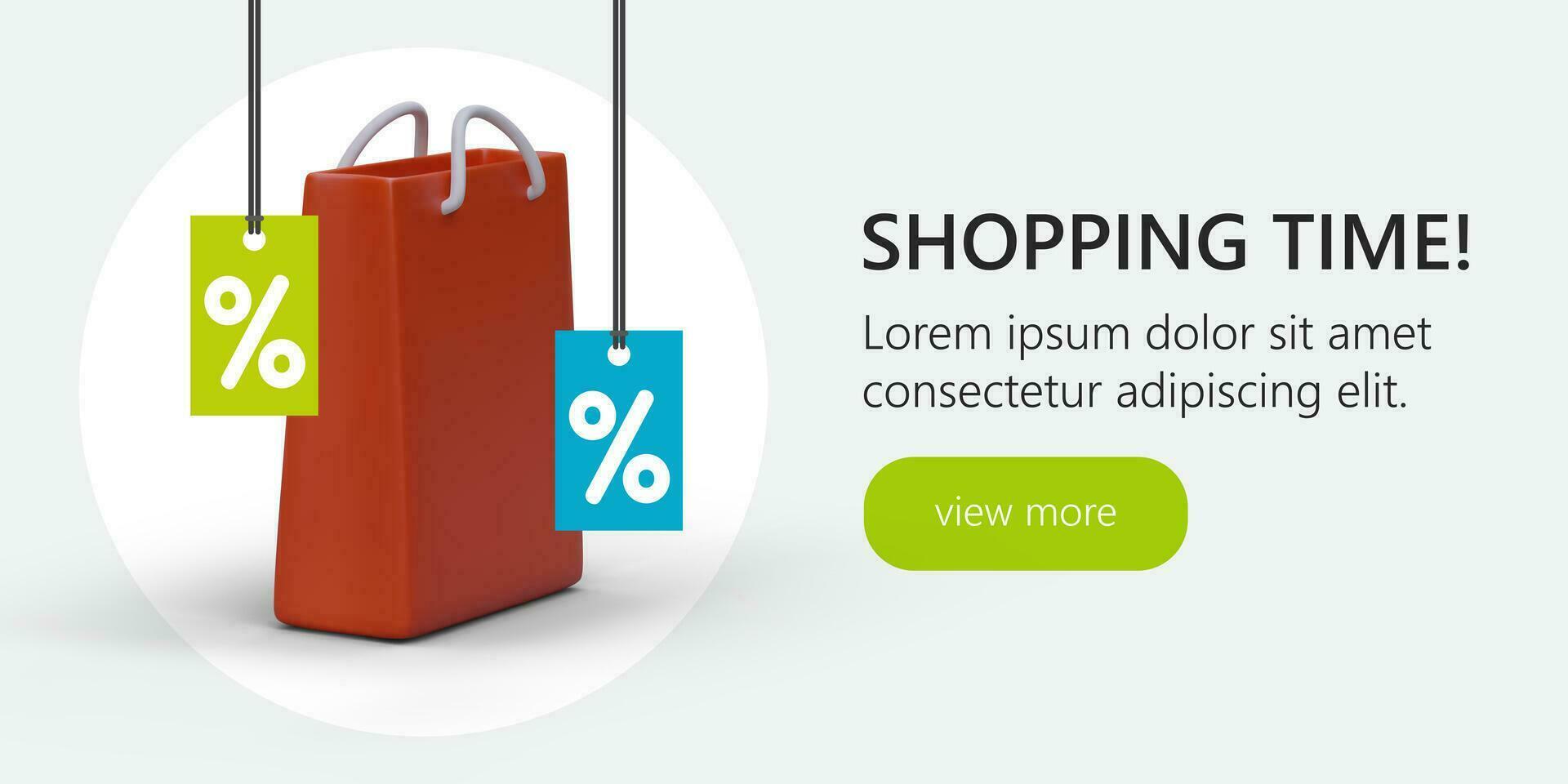 Web page with 3d realistic shopping bag. Creative invitation to shop in online store vector