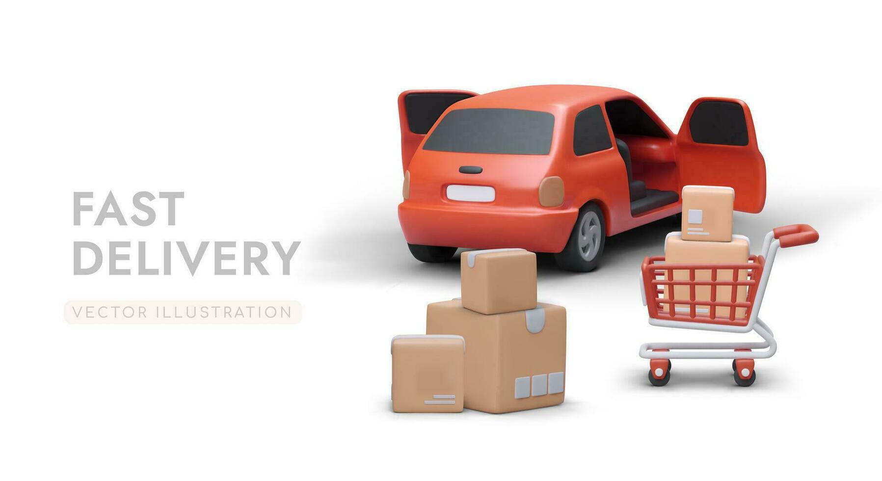 Cartoon 3d realistic flat illustration with car deliver parcels vector