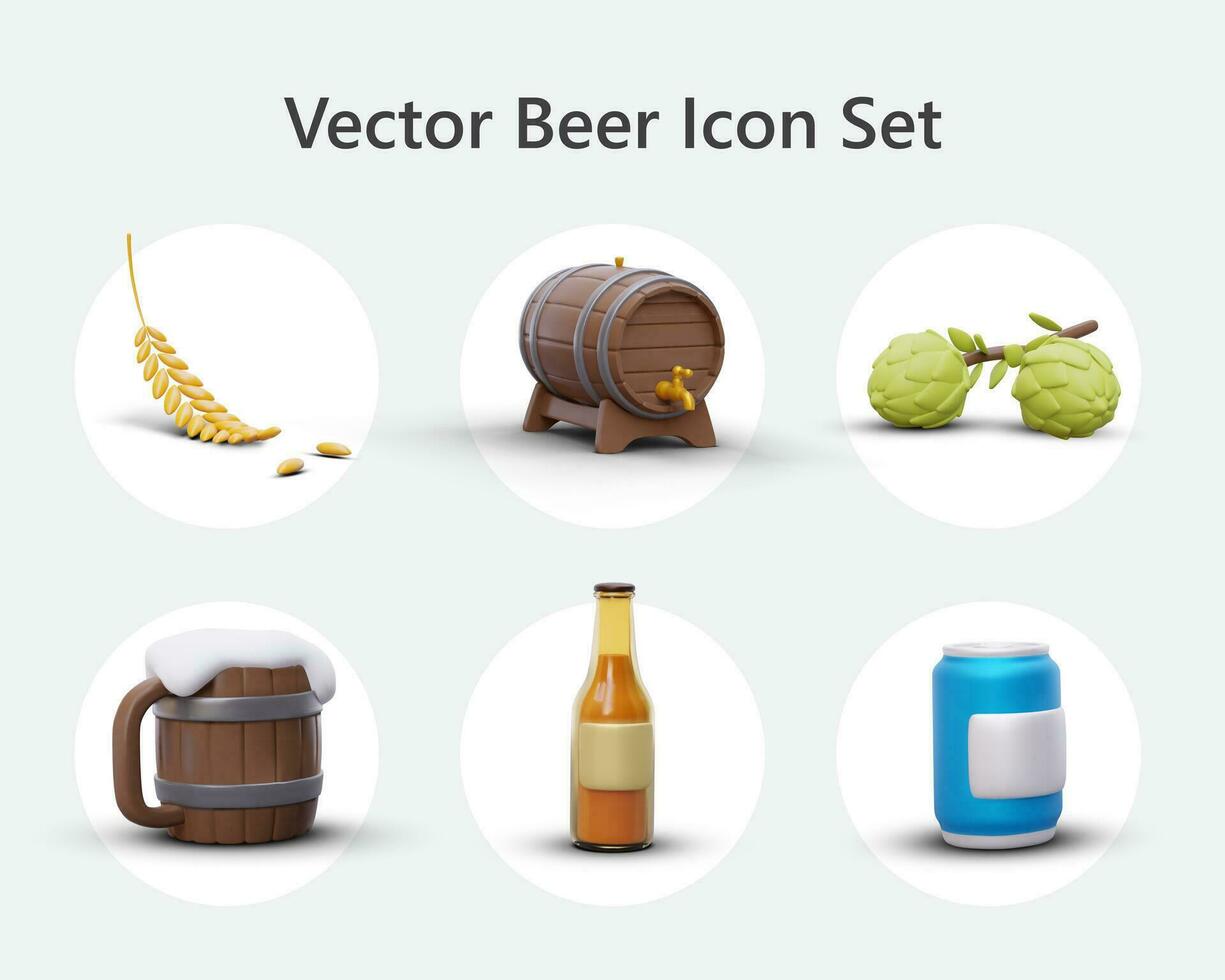 Set of 3D icons on beer theme. Vector images of packaging and ingredients for advertising beer