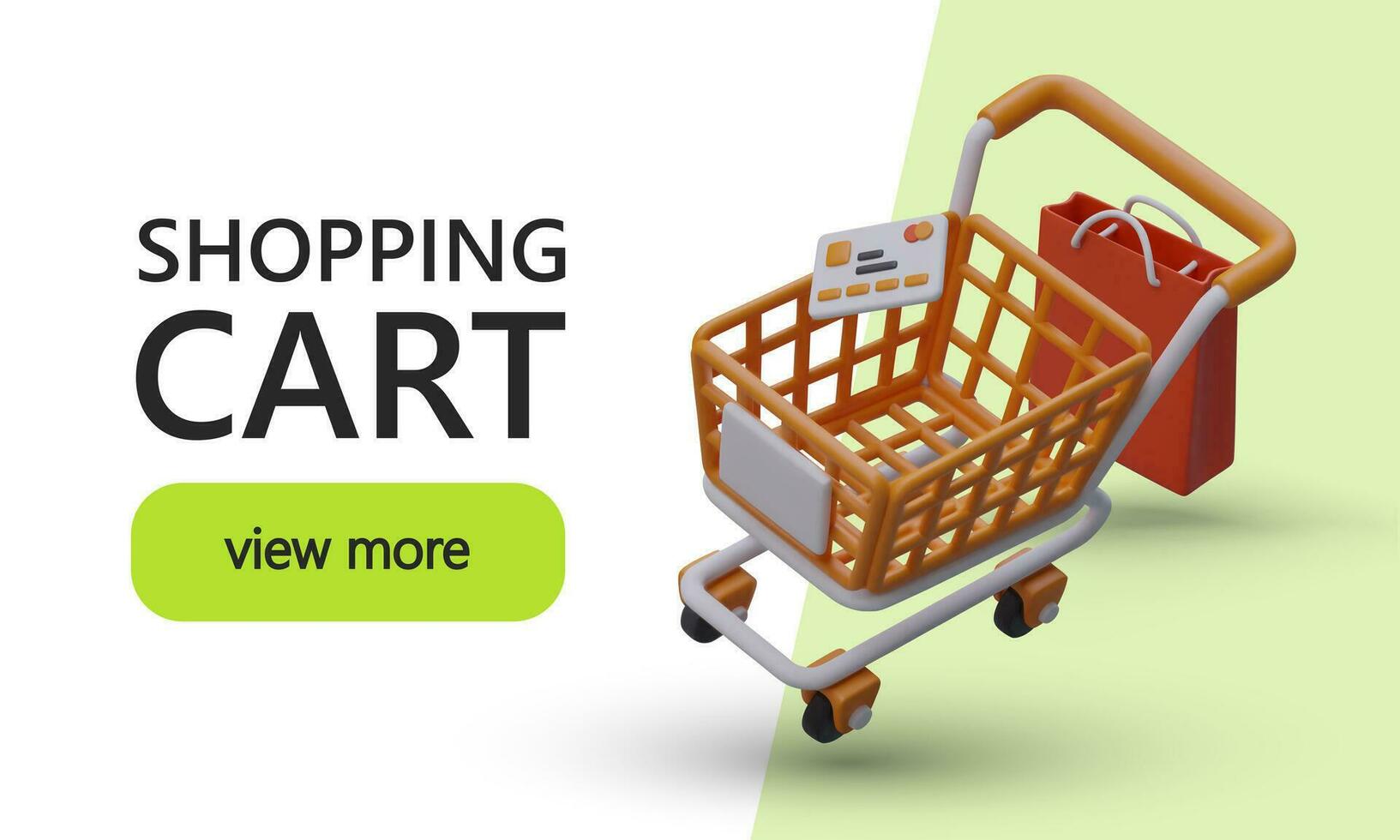 3D shopping cart, package, credit card. Shopping time. Advertising banner in cartoon style vector