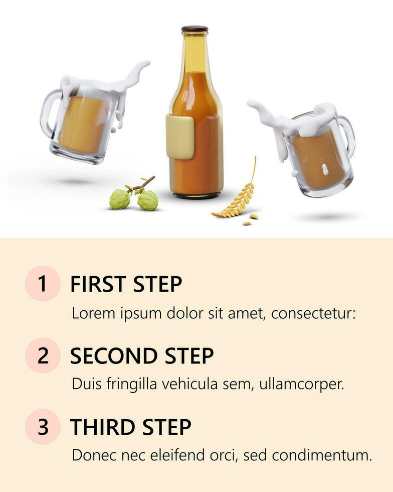 Beer in glassware vertical advertising template. Banner with 3D illustrations, numbered menu vector