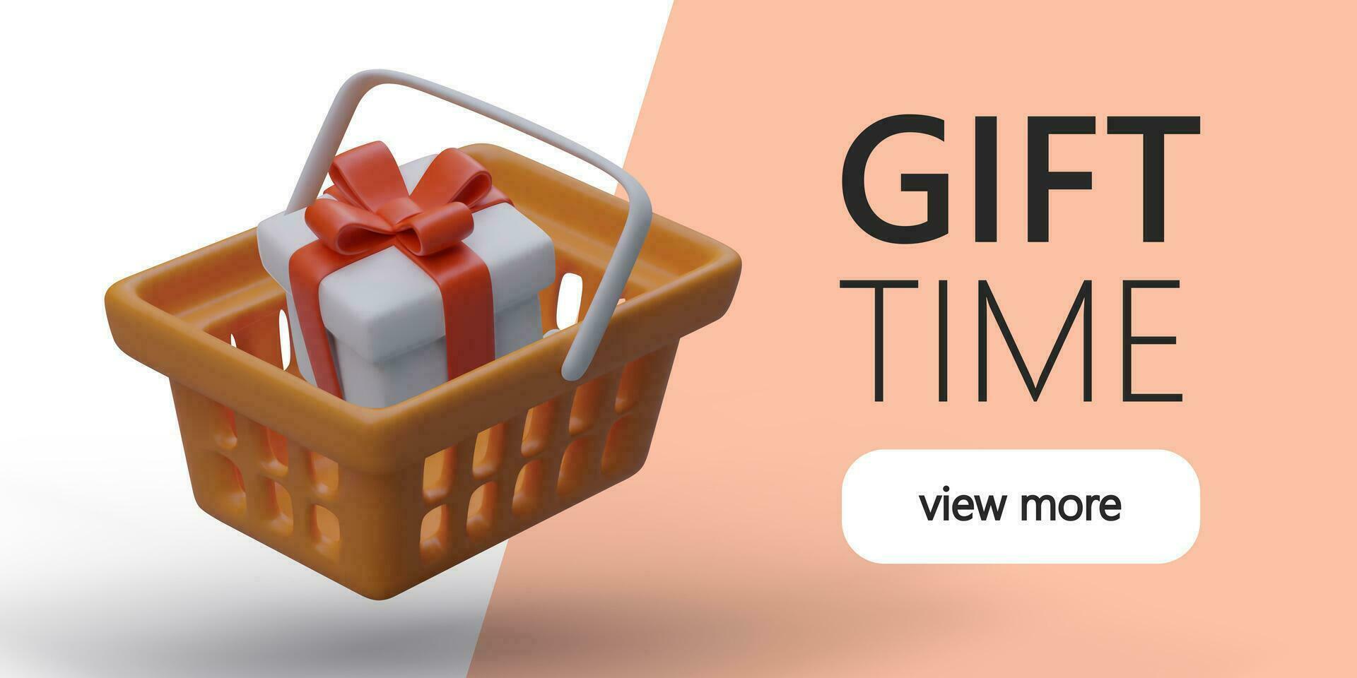 Time for gifts. 3D shopping basket with gift inside. Box tied with ribbon and bow vector