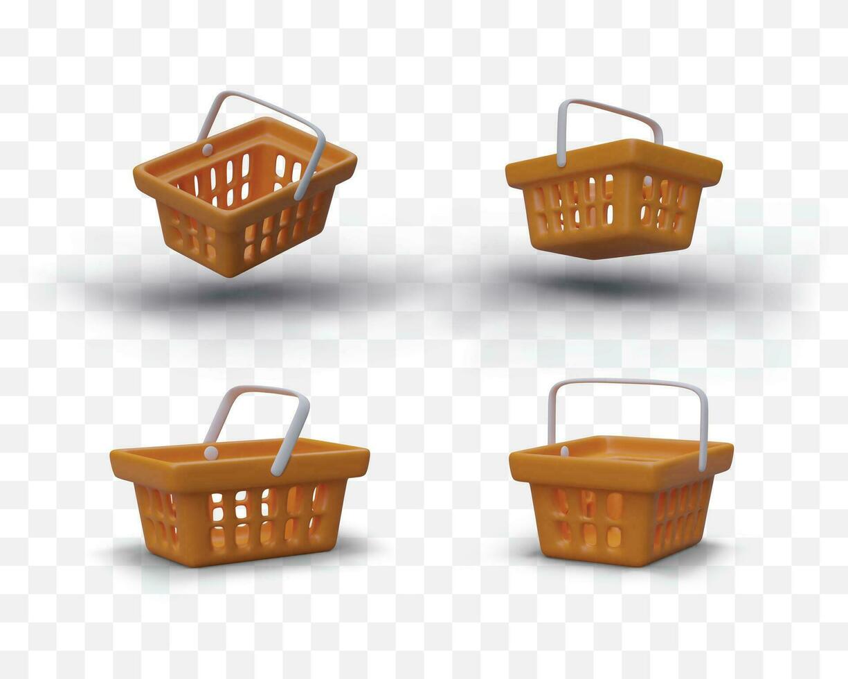 conjunto de realista el plastico compras canastas colección 3d cestas desde diferente puntos de vista vector