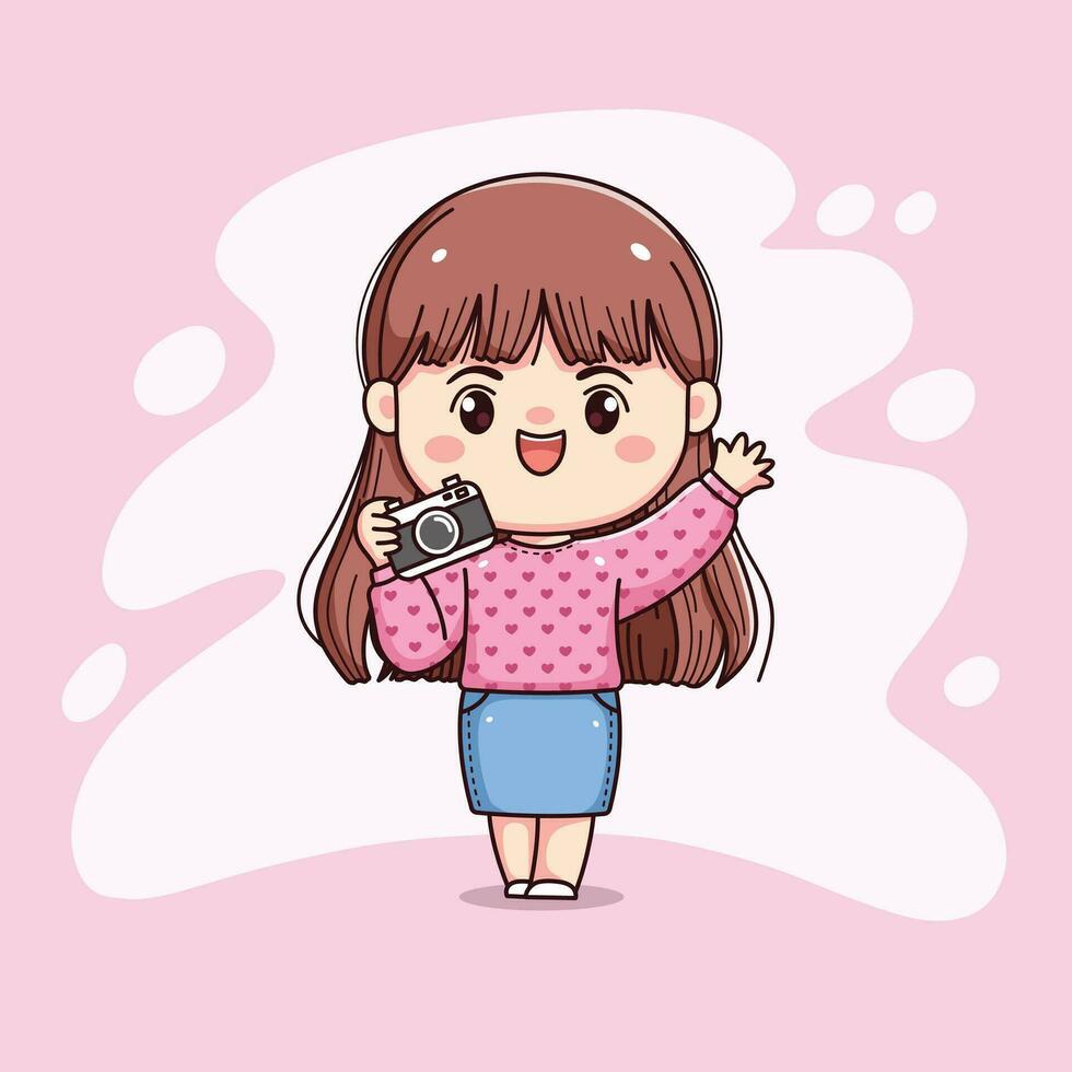 cute photographer girl long hair with pink sweater holding camera chibi kawaii vector