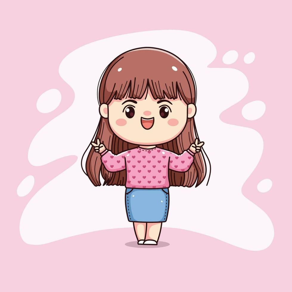 cute girl long hair with pink sweater peace sign chibi kawaii vector