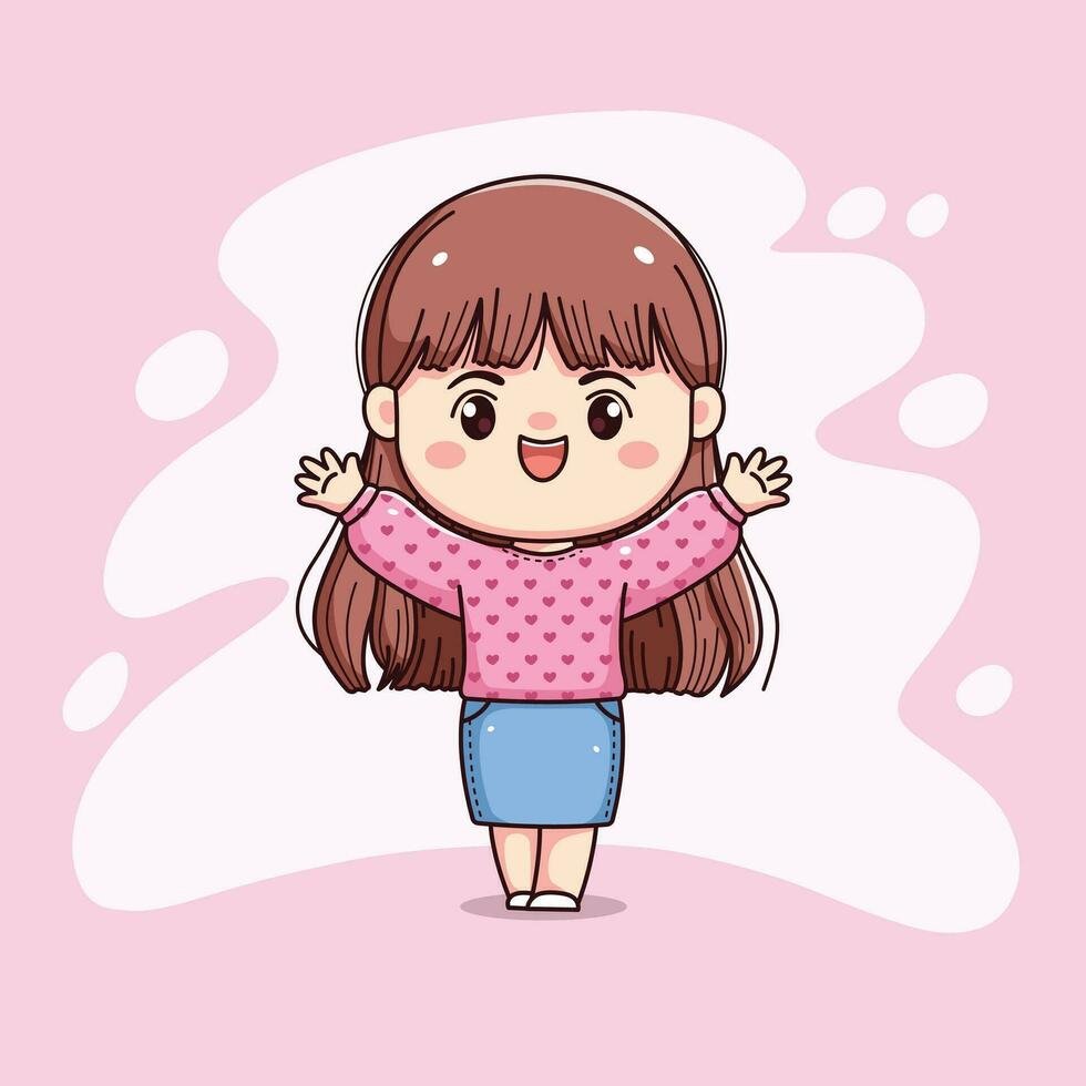 cute girl long hair with pink sweater feeling happy hands up chibi vector