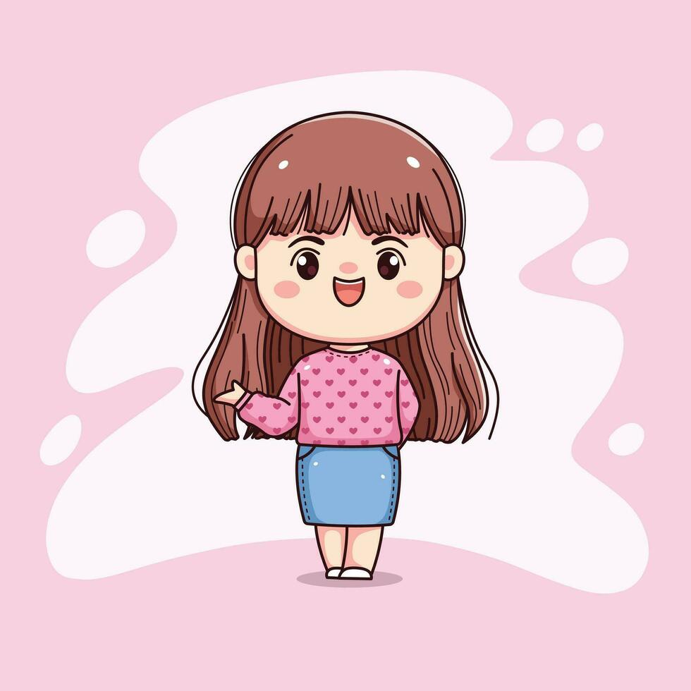 cute girl long hair with pink sweater showing something chibi kawaii vector