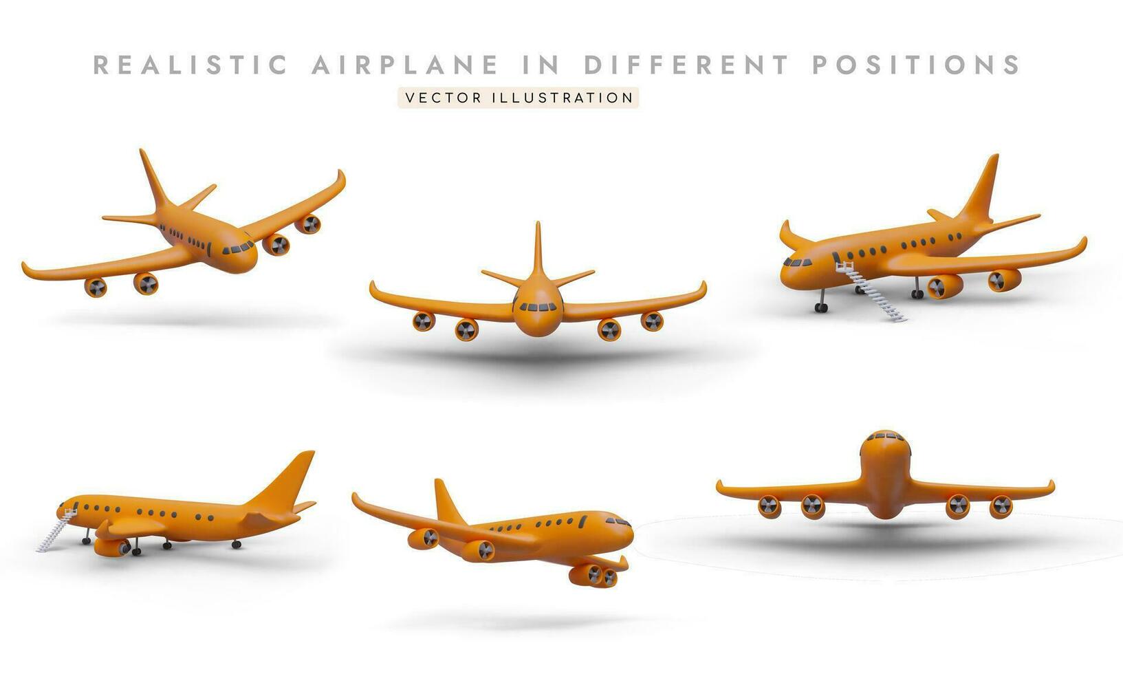 conjunto de realista imágenes de aeronave en diferente posiciones. naranja 3d avión desde arriba, lado, abajo vector