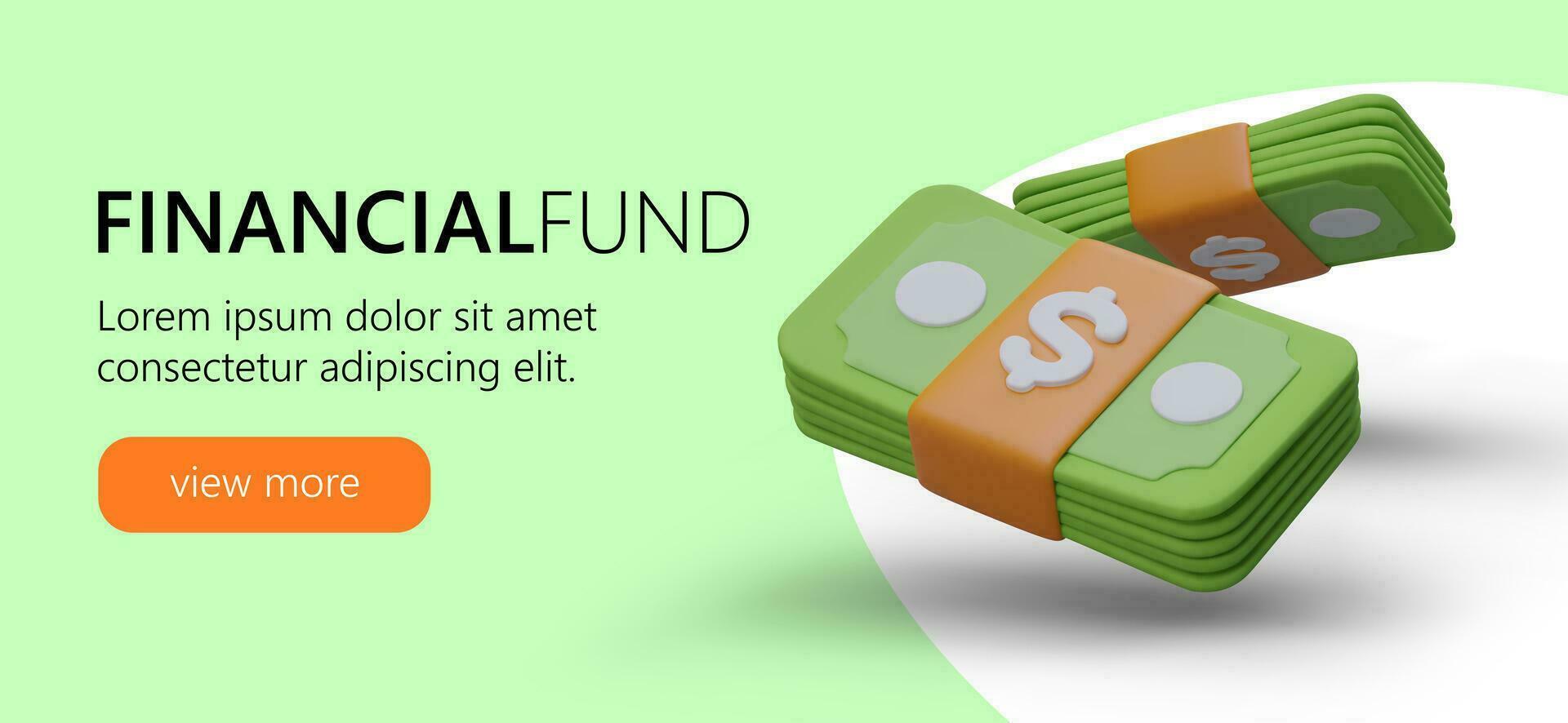web bandera o aterrizaje página para financiero fondo empresa con realista dibujos animados 3d apilar de billetes vector