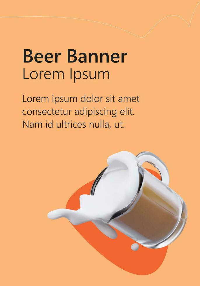 Beer banner template on orange background. 3D beer mug with white foam pouring out vector