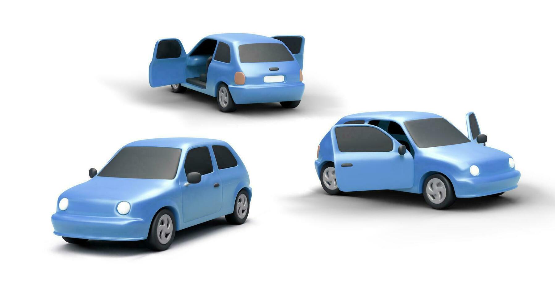 Blue realistic cars in cartoon style. Front, side, back view vector
