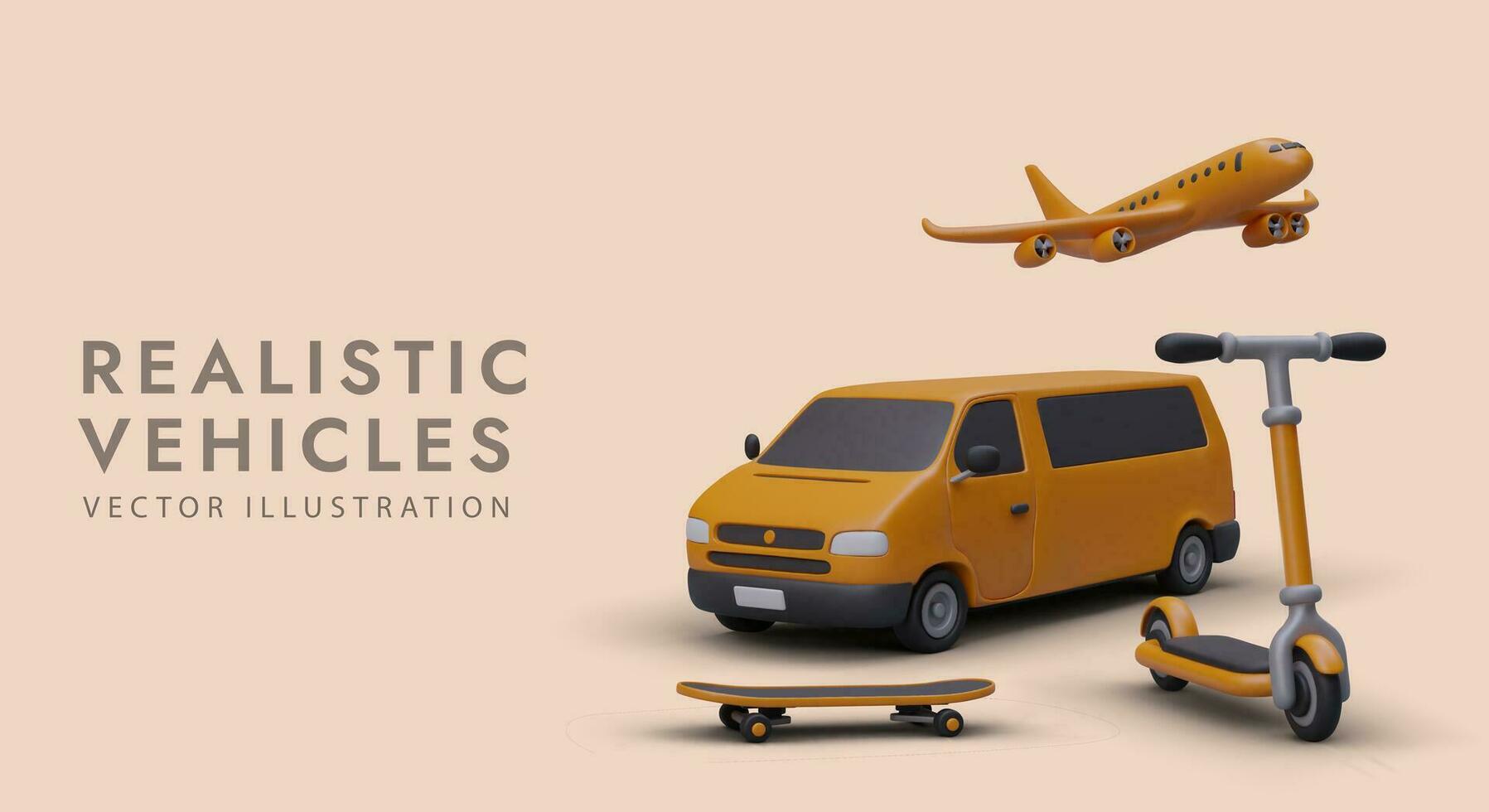 3D figurines, different vehicles. Airplane, mini bus, scooter, skateboard vector