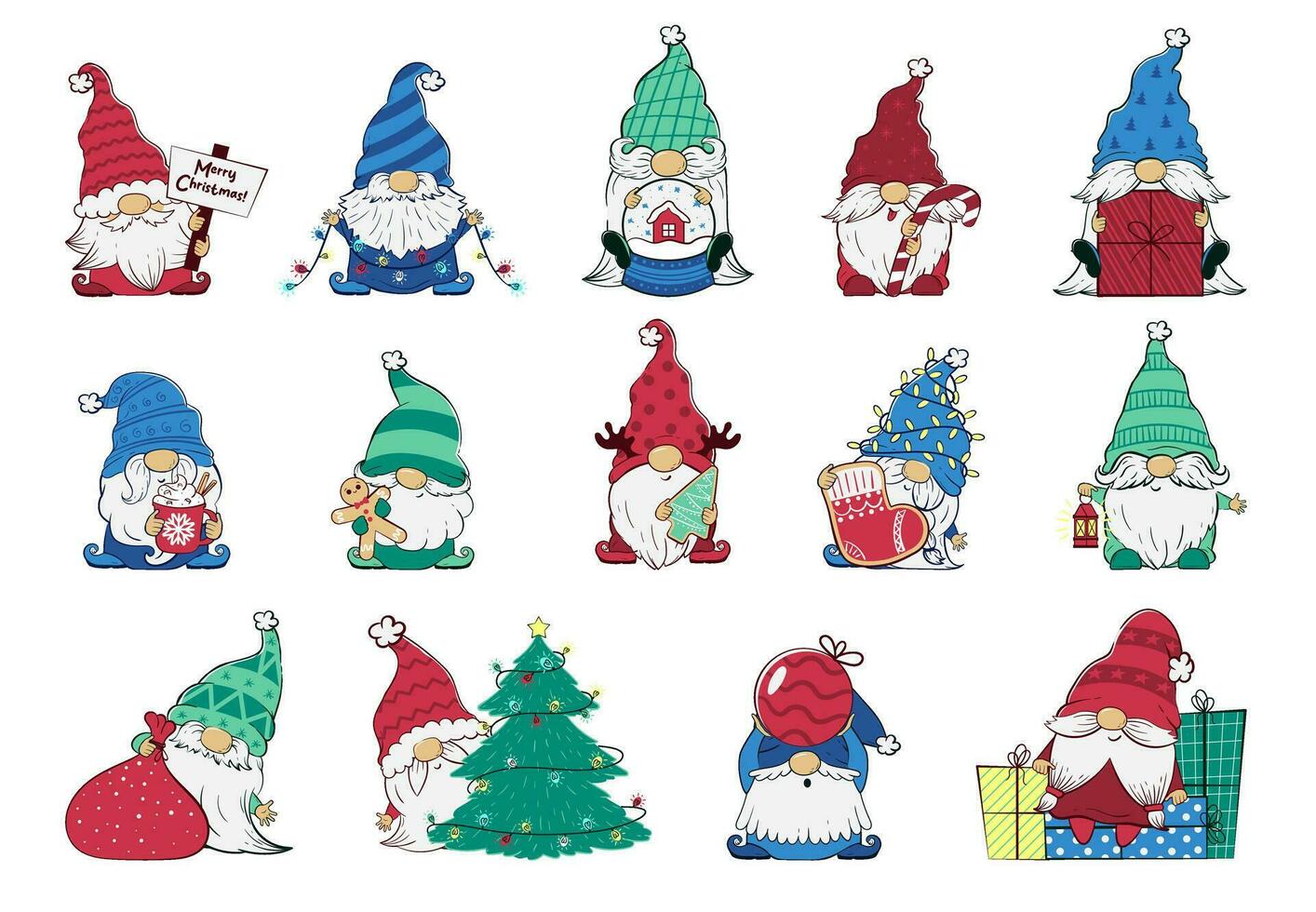 large set of Christmas gnomes with gingerbread cookies, lanterns, garlands, cocoa, striped candy cane, Christmas tree toys, gifts and a snow globe. holiday cartoon characters. vector