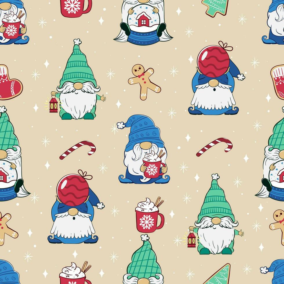 Seamless pattern with funny gnomes with toys and gingerbread cookies on a light beige background. Printable holiday cartoon Characters. vector