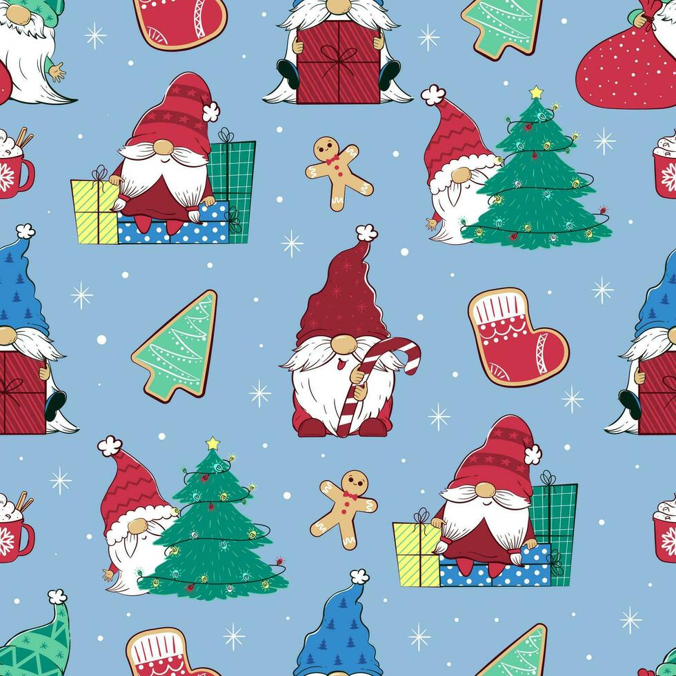Seamless pattern with funny gnomes with gingerbread cookies and gifts on a blue background. Printable holiday cartoon Characters. New Year's decor. vector